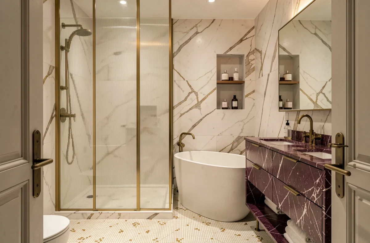 Salle de bain haut de gamme réalisée par Maud Ravetto Design dans les Hauts-de-Seine, avec baignoire ovale autoportante et double vasque en marbre veiné