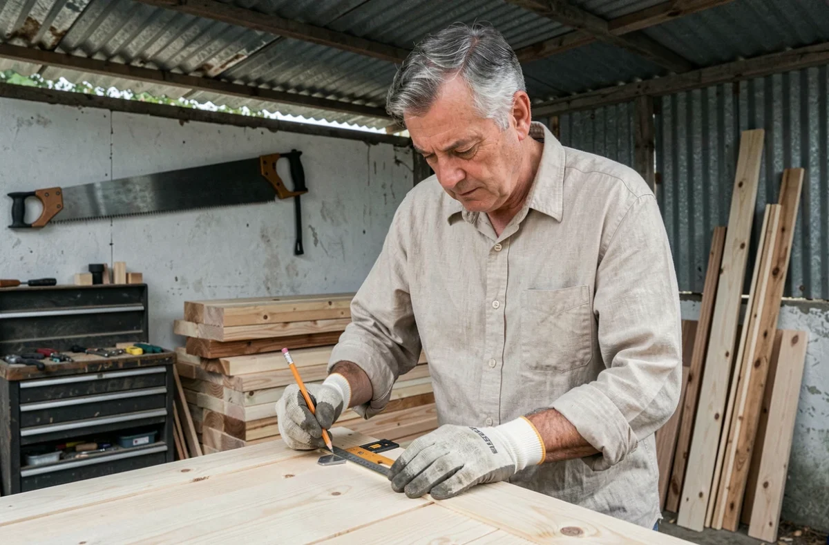 Menuisier expérimenté mesurant une planche de pin avec un fausse équerre dans un atelier extérieur couvert