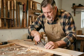 Menuisier utilisant un rabot manuel sur une planche de chêne dans un atelier artisanal traditionnel