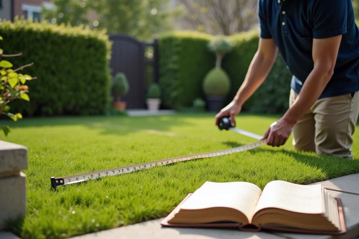 Homme mesurant la superficie d'un jardin en centimètres avec un mètre ruban pour calculer la surface en m²
