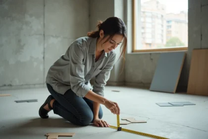Femme mesurant la superficie d'une pièce vide au sol avec un mètre ruban avant la pose de carrelage