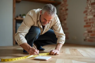 Homme mesurant la surface d'un parquet en bois avec un mètre ruban en centimètres et prenant des notes dans un carnet