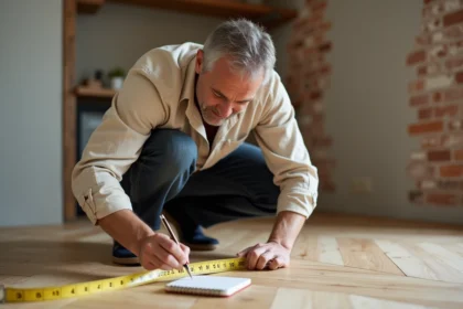 Homme mesurant la surface d'un parquet en bois avec un mètre ruban en centimètres et prenant des notes dans un carnet