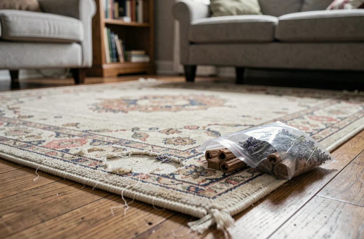 Tapis en laine abîmé par des mites avec des sachets de lavande et cèdre posés en protection naturelle