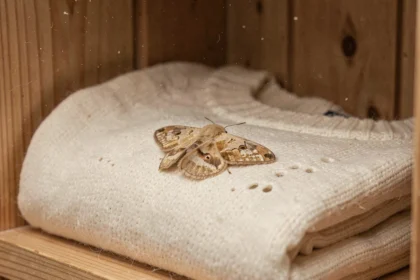 Mite des vêtements posée sur un pull en laine crème dans une armoire en bois avec des petits trous dans le tissu
