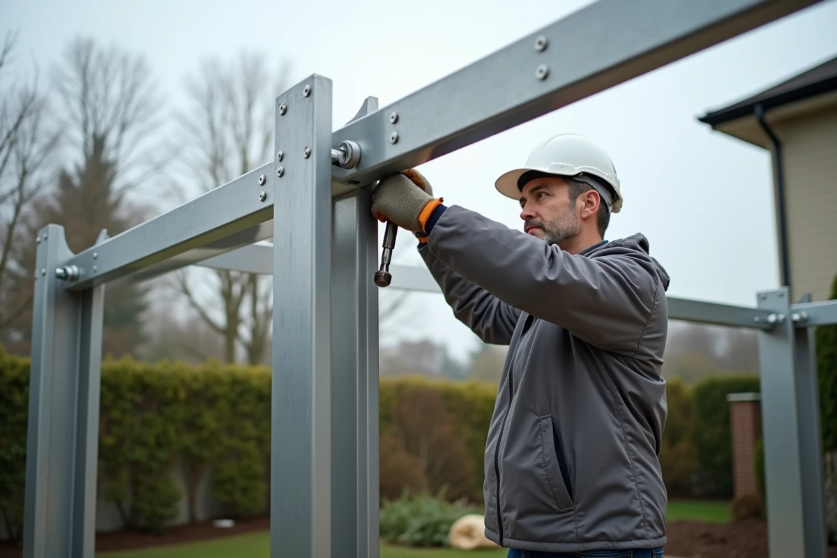 Ouvrier assemblant une pergola extérieure en tubes d'aluminium rectangulaires dans un jardin résidentiel