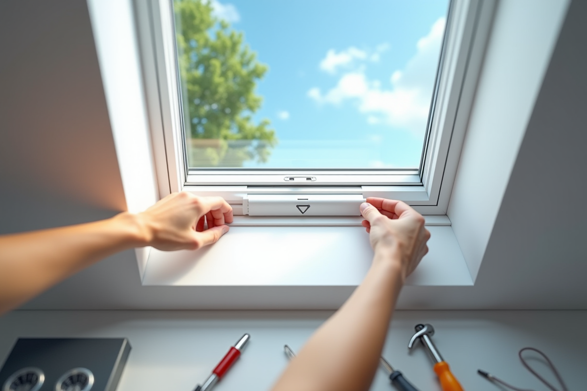 Détail de la fixation du volet Velux GGL SK06 sur une fenêtre de toit