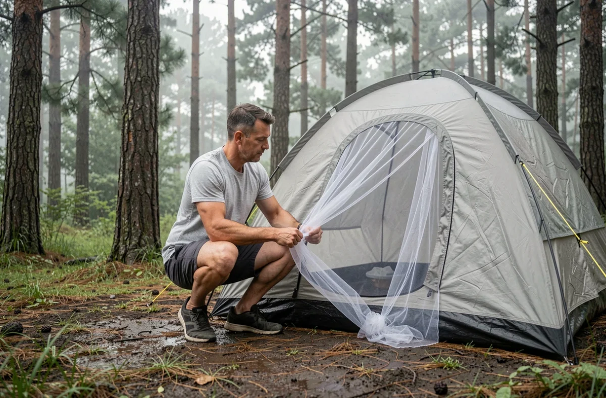 Homme fixant une moustiquaire de camping à l'entrée d'une tente dans une clairière forestière