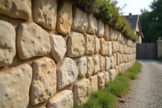 Mur en moellon calcaire traditionnel dans un village rural de Bourgogne, avec joints de mortier apparents et teintes beige chaud