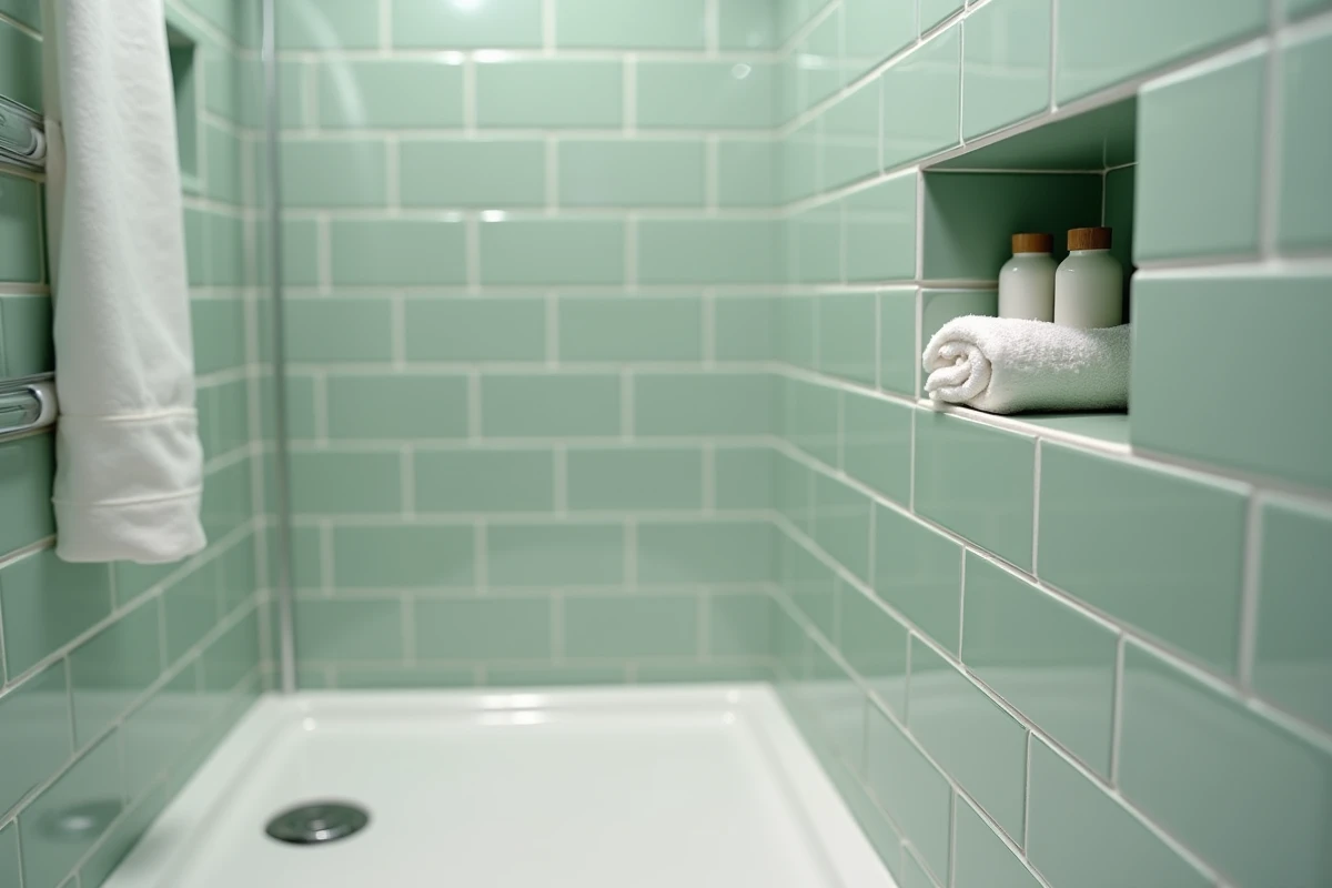 Carrelage mural métro vert sauge avec niche encastrée dans une petite salle d'eau pour optimiser le rangement