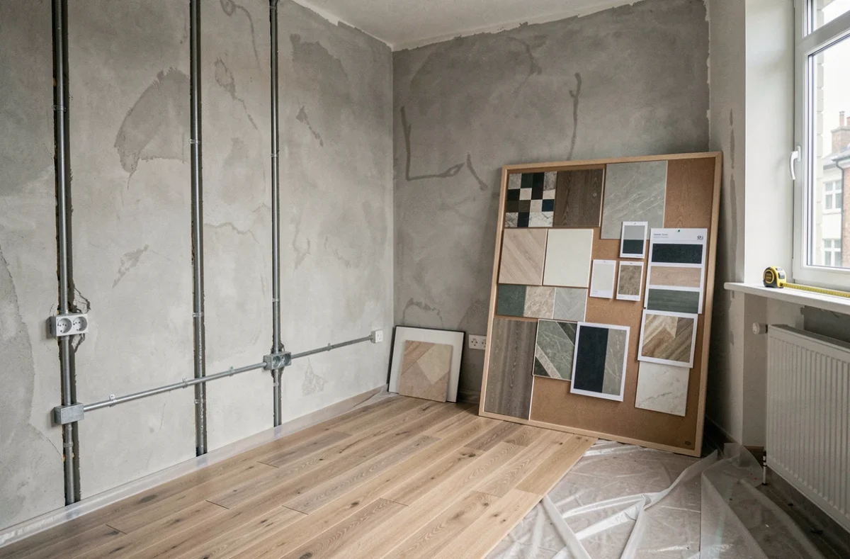 Chantier de rénovation mené par Novili dans le 92, montrant un appartement en cours de transformation avec plancher en chêne et tableau de matériaux