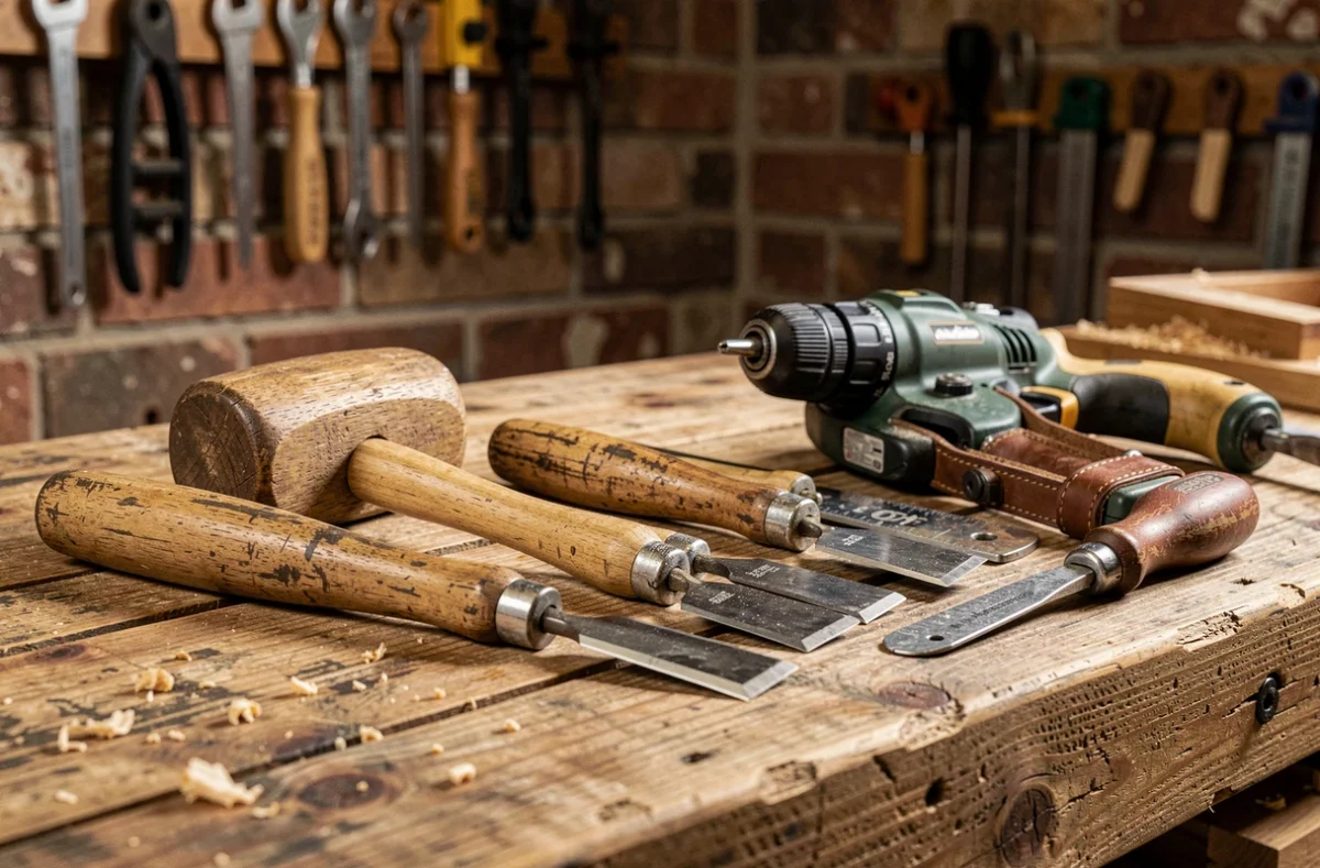 Assortiment d'outils manuels de menuiserie abordables disposés sur un établi en bois dans un atelier rustique