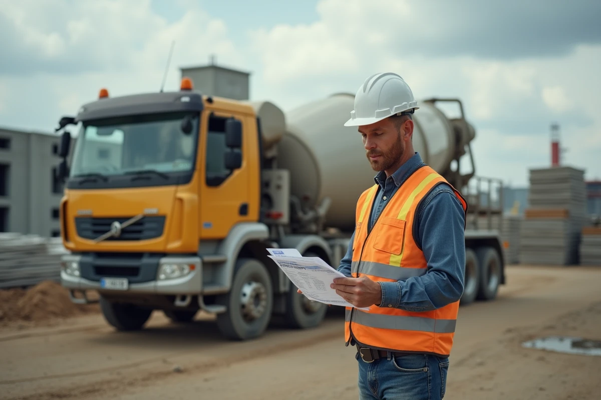 Ouvrier de construction avec casque et gilet haute visibilité près d'un camion béton