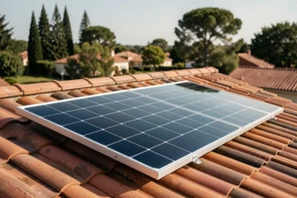 Panneau solaire monocristallin Antarion installé sur un toit de maison individuelle avec tuiles en terre cuite
