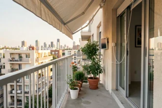 Panneau solaire plug-and-play branché sur une prise électrique sur un balcon d'appartement en ville