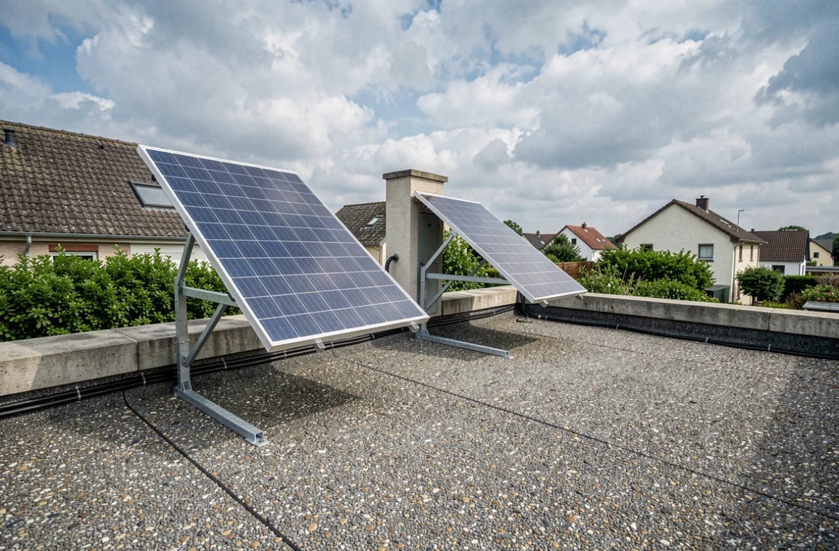 Panneaux solaires plug-and-play installés sur une terrasse de toit pavillonnaire avec câbles visibles