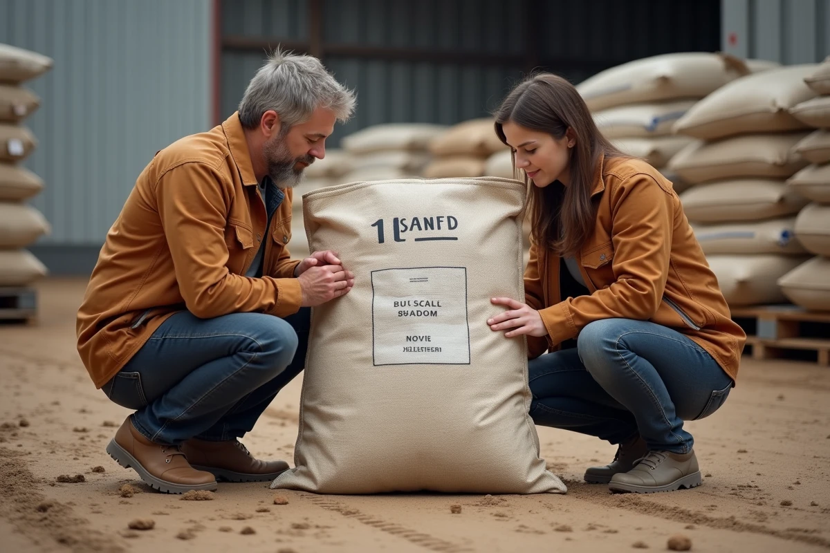 Particulière lisant les caractéristiques d'un big bag de sable dans un négoce de matériaux, estimant le poids au mètre cube