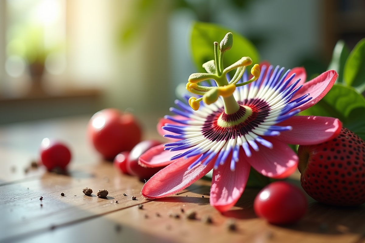 Passionfleur avec racines sur une table en bois lumineuse