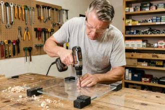 Artisan perçant une feuille de plexiglas avec une perceuse à batterie sur un établi en bois dans un atelier