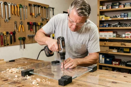 Artisan perçant une feuille de plexiglas avec une perceuse à batterie sur un établi en bois dans un atelier