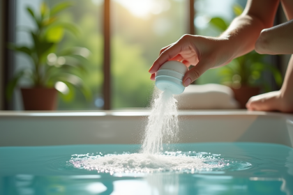Personne dans un spa moderne ajoutant du bicarbonate à l'eau bleue
