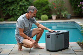 Homme d'âge moyen vérifiant la pompe à chaleur piscine extérieure
