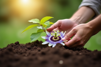 Main plantant une passionfleur dans la terre du jardin
