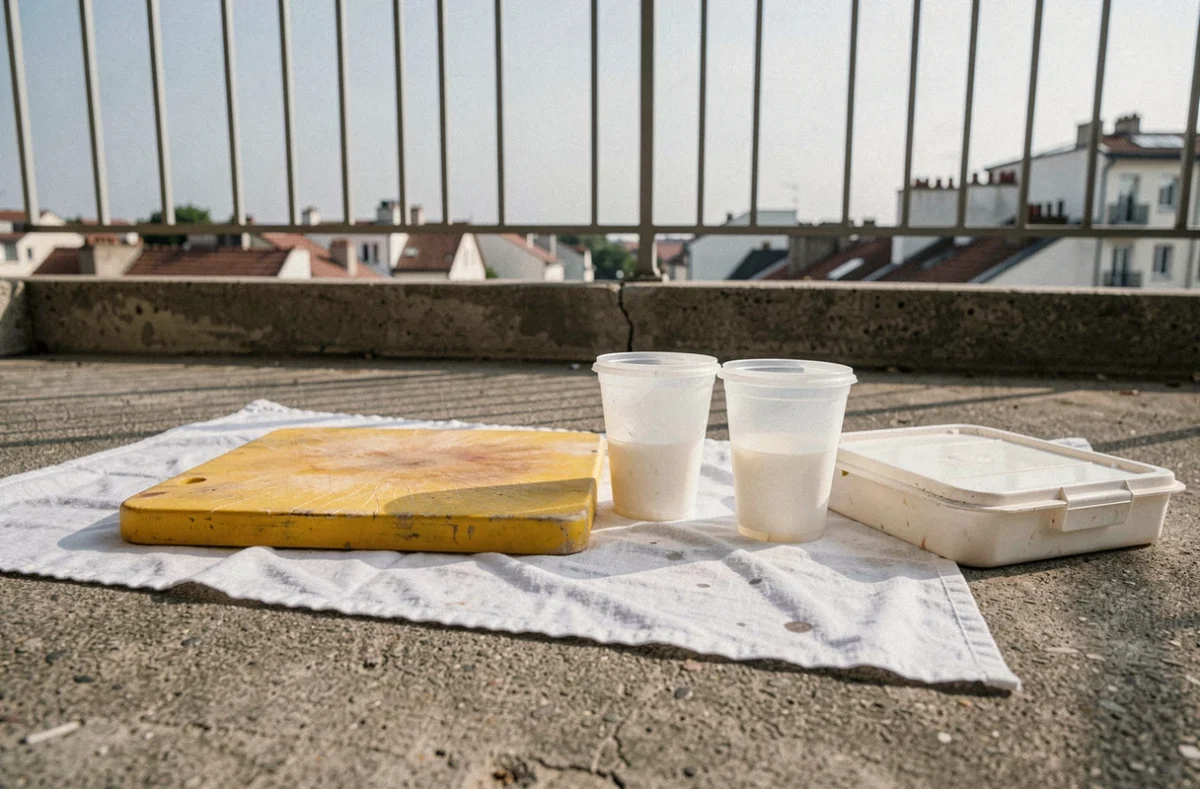 Objets en plastique jauni disposés sur un balcon ensoleillé pour blanchiment naturel au soleil