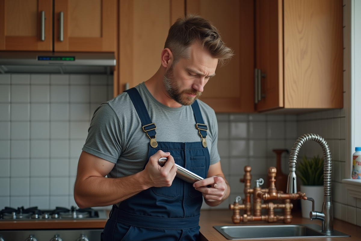 Plombier homme examine tuyaux cuivre cuisine