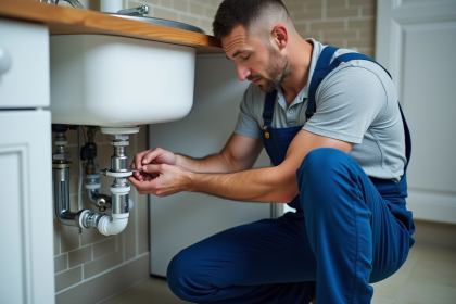 Plombier homme en action sous évier cuisine