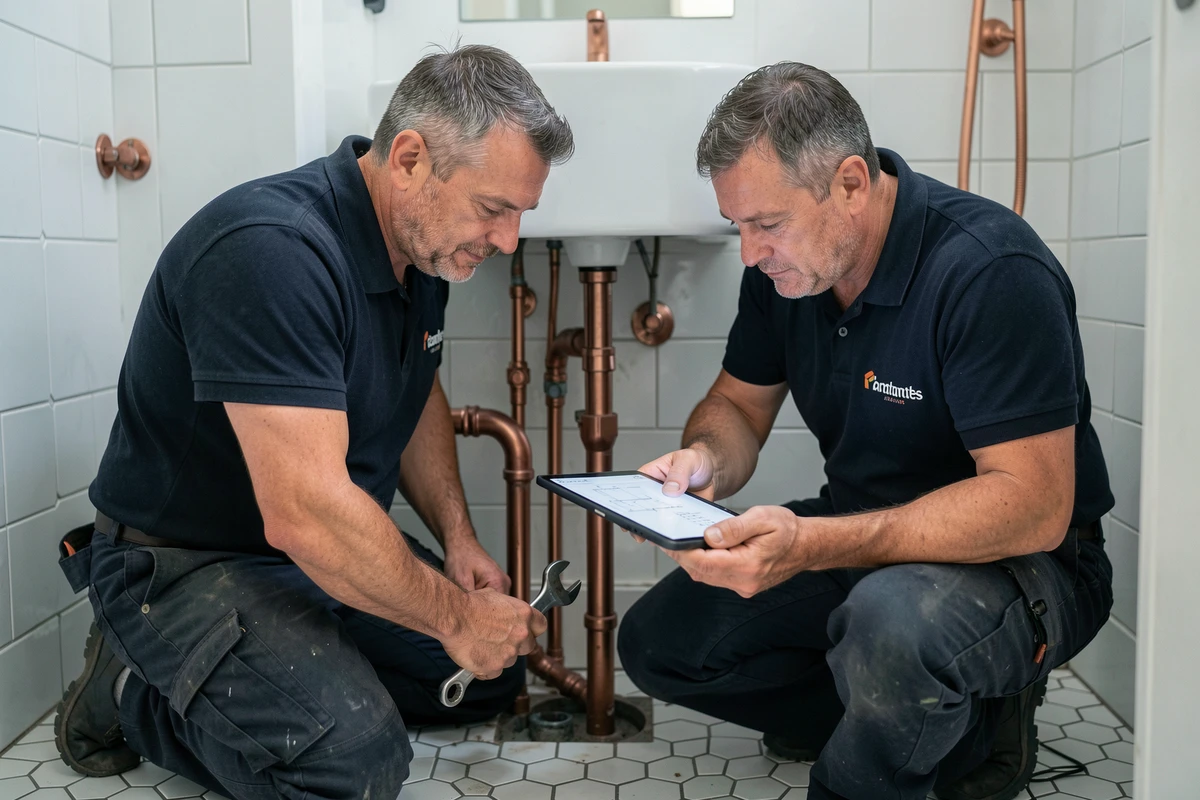 Deux plombiers artisans collaborant sur une installation de plomberie dans une maison nantaise rénovée