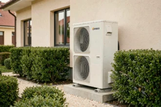Pompe à chaleur air/eau Atlantic 14 kW installée sur la façade extérieure d'une maison moderne