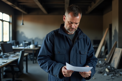Pompiers en uniforme examinant des papiers brûlés dans un bureau calciné