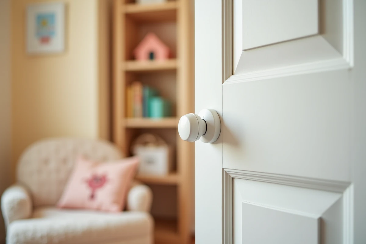 Porte intérieure de chambre d'enfant entrouverte avec serrure à bouton tournant, décor chambre pastel chaleureuse
