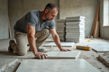 Carreleur professionnel posant du carrelage grand format sur le sol d'une cuisine en rénovation