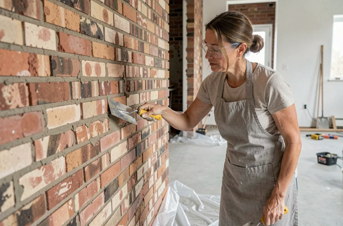 Femme appliquant un joint à la chaux sur un mur en briques apparentes lors d'une rénovation intérieure