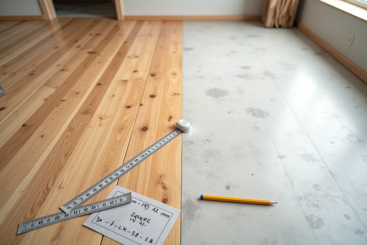 Vue de dessus d'un parquet en cours de pose avec mètre ruban et calcul de superficie au sol écrit sur papier
