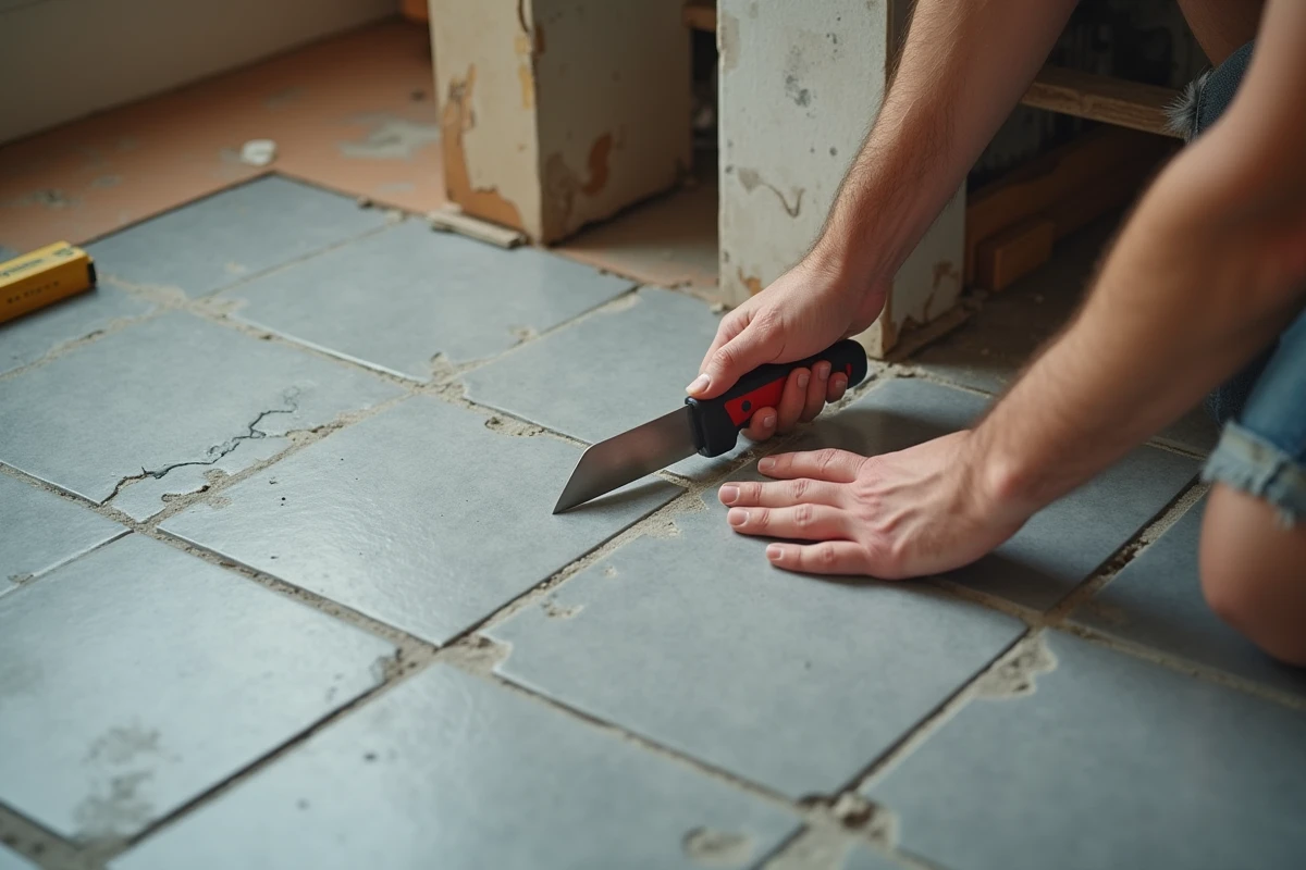 Pose de sol PVC rouleau effet carrelage dans une ancienne cuisine, découpe précise du revêtement vinyle le long de la plinthe
