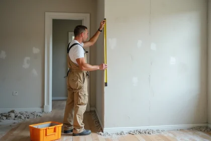 Ouvrier mesurant une cloison en placo dans un appartement