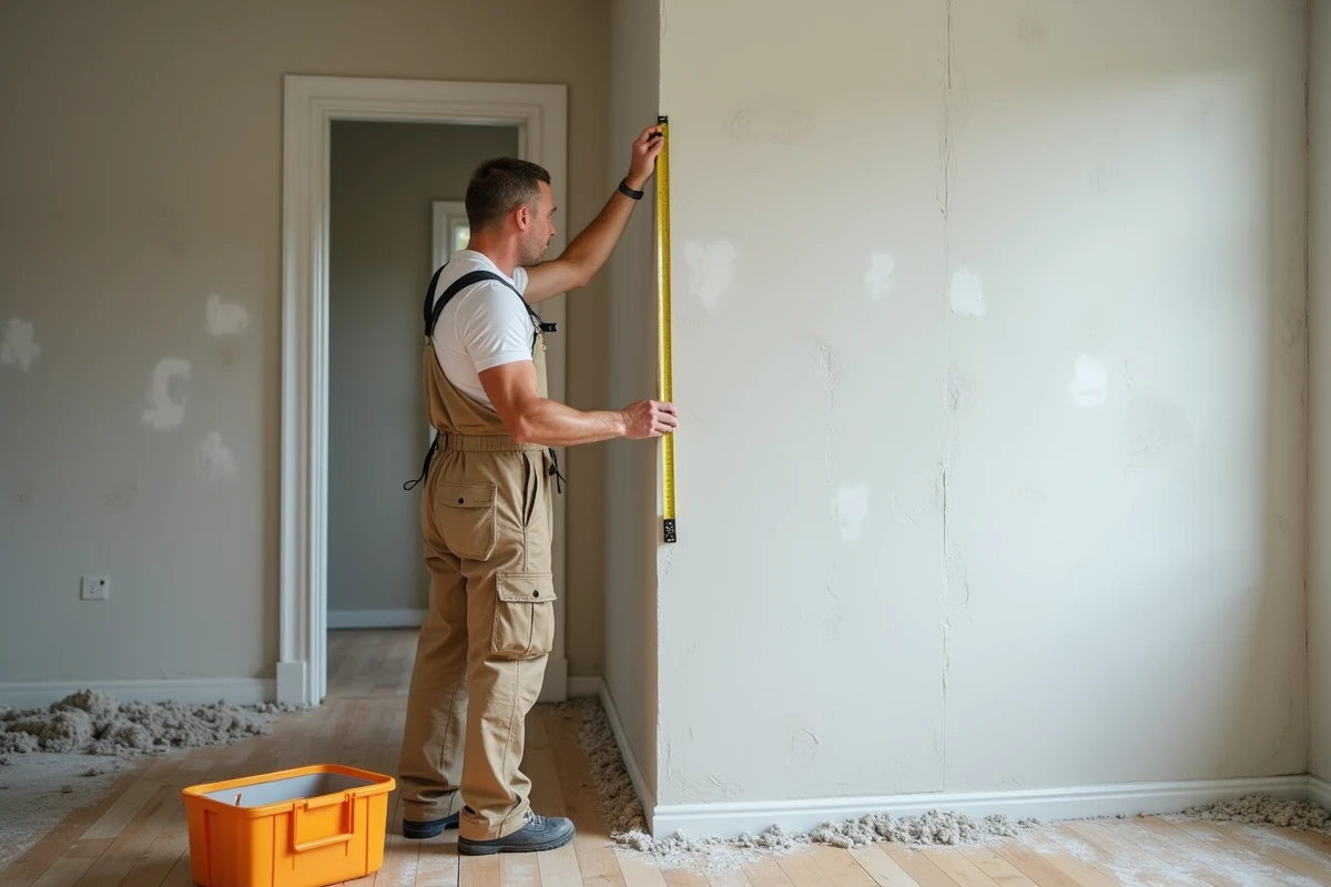 Ouvrier mesurant une cloison en placo dans un appartement