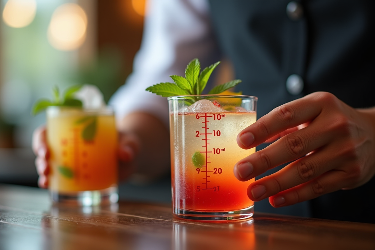Mains de barman avec un petit becher et cocktail coloré
