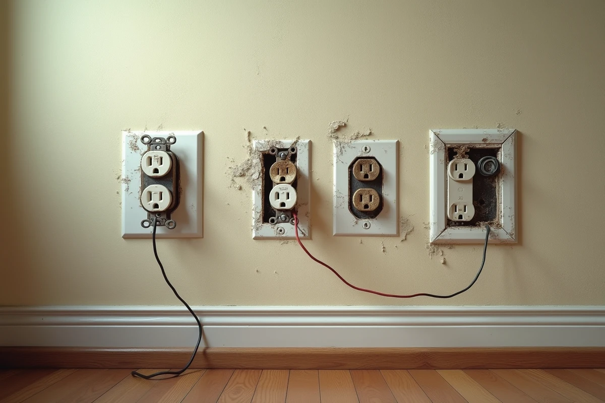 Mur de salon avec plusieurs prises de courant en mauvais état, fils apparents et couvercles manquants, danger électrique visible