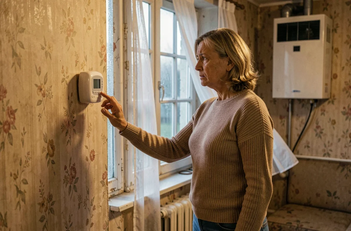 Propriétaire inquiète devant le thermostat d'une maison mal isolée équipée d'une pompe à chaleur