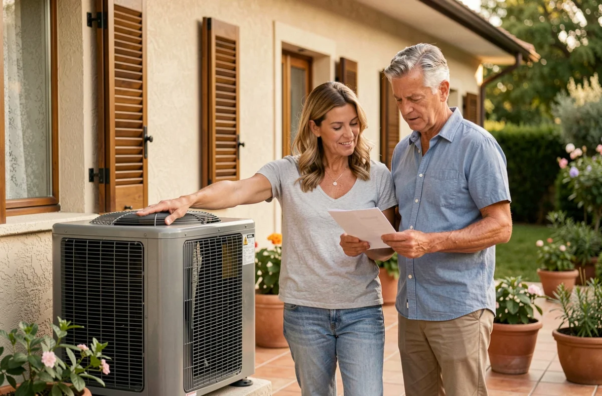 Couple de propriétaires examinant la facture d'installation de leur pompe à chaleur Atlantic 14 kW