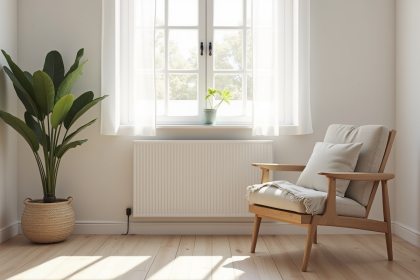 Radiateur électrique moderne sous une grande fenêtre dans un salon lumineux