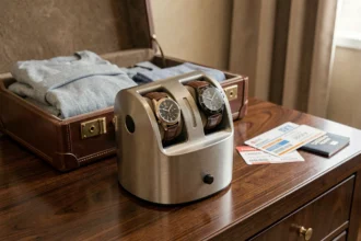 Remontoir automatique pour montres de voyage posé sur une surface en noyer dans une chambre d'hôtel de luxe avec valise et passeport