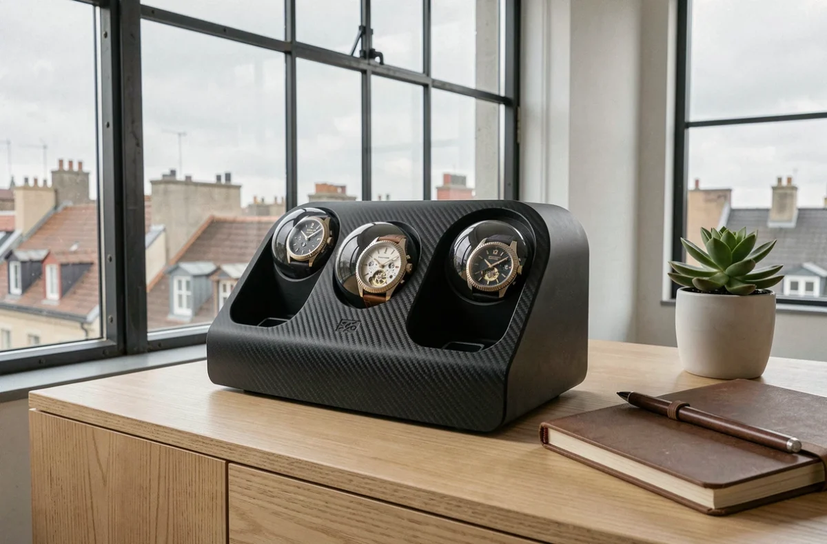 Remontoir automatique double montre en fibre de carbone sur une commode de voyage dans un appartement contemporain avec vue sur la ville