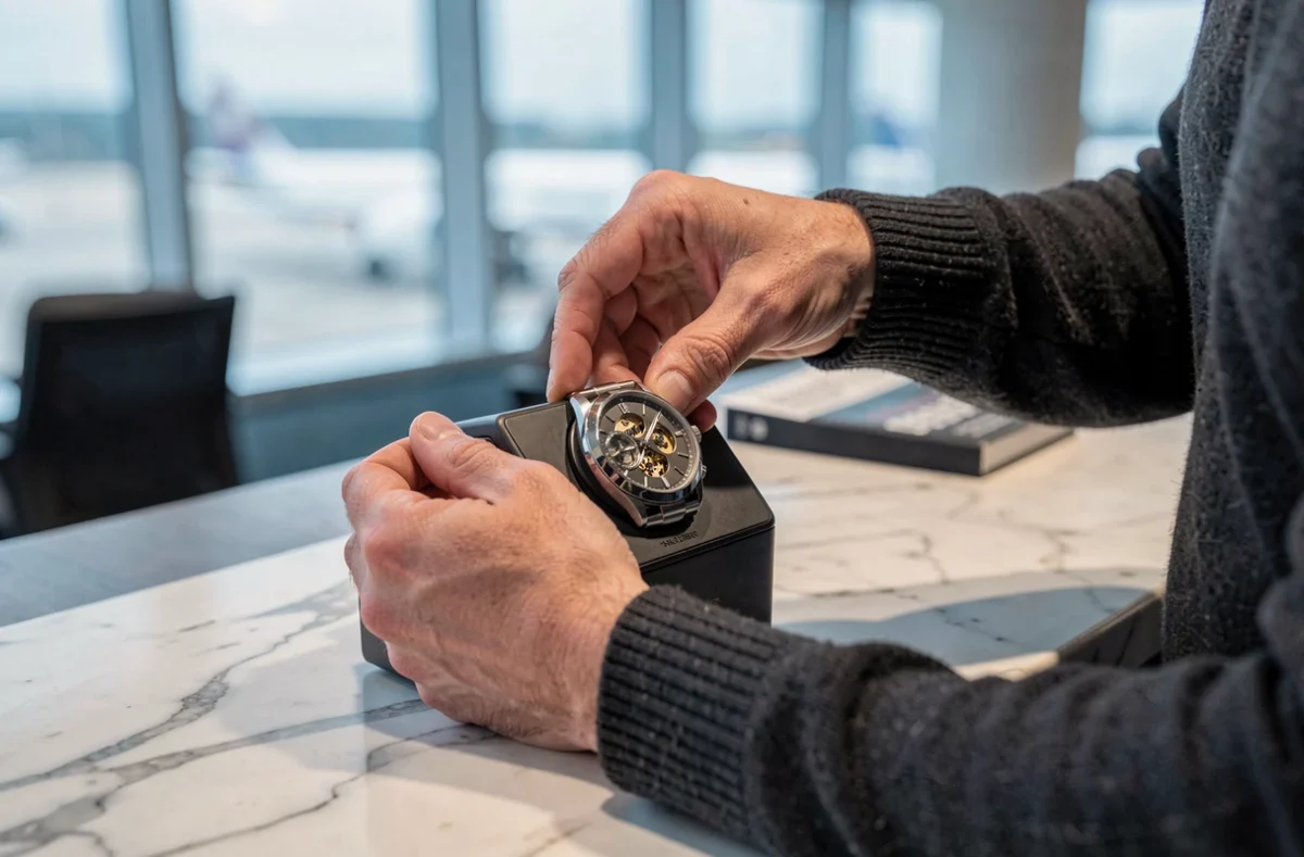 Mains d'un voyageur insérant une montre automatique dans un remontoir portable dans un salon d'aéroport moderne
