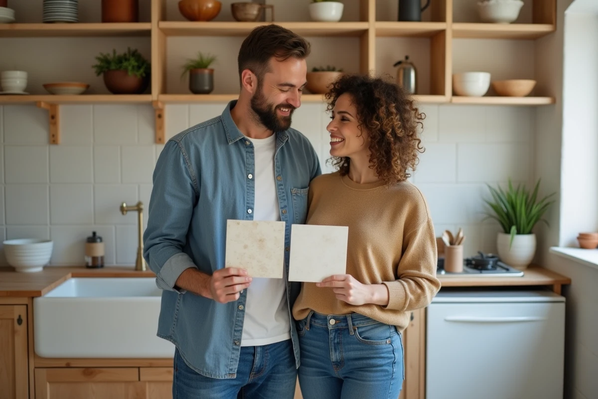 Couple comparant des carreaux de cuisine lors d'une rénovation maison à petit budget