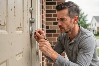 Homme réparant une serrure de porte d'entrée avec un tournevis, solution d'urgence avant l'arrivée d'un serrurier